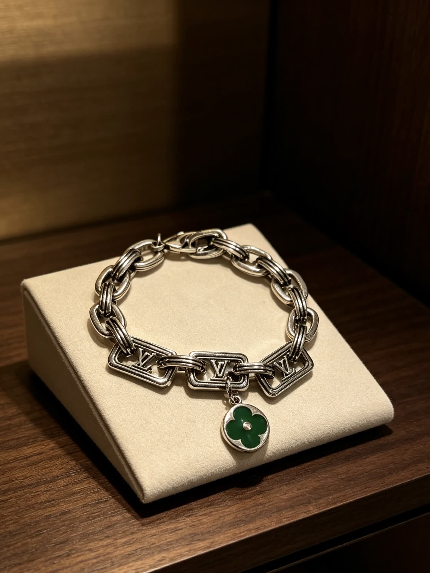 Louis Vuitton Silver Bracelet with Green Clover Charm